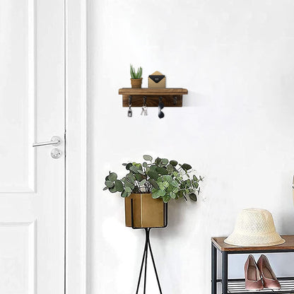 Rustic Key Holder for Wall, Farmhouse Wall Shelf with 4 Hooks, Wall Mounted Key Racks, Wooden Mail Organizer with Hooks for Entryway (Brown)