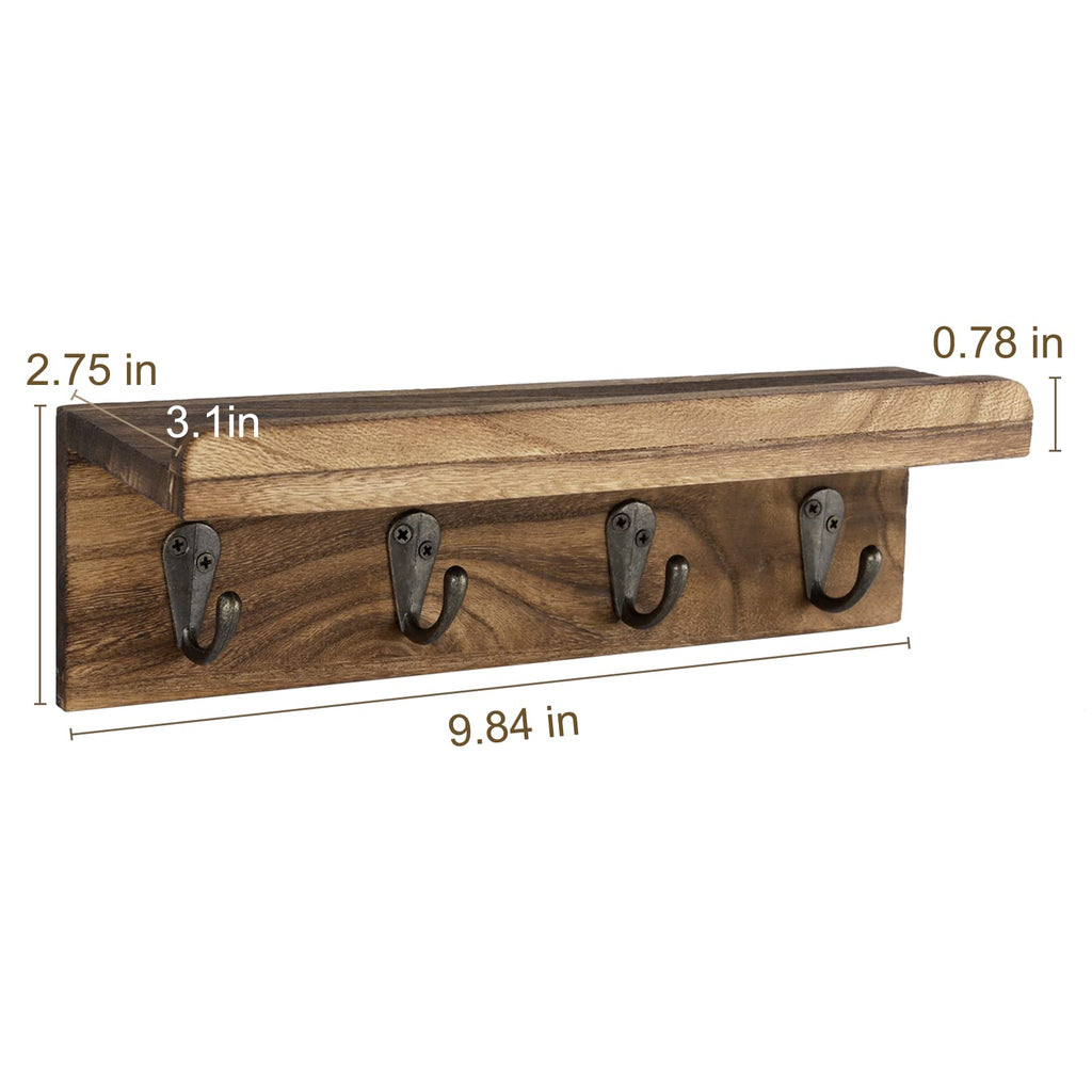 Rustic Key Holder for Wall, Farmhouse Wall Shelf with 4 Hooks, Wall Mounted Key Racks, Wooden Mail Organizer with Hooks for Entryway (Brown)