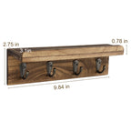 Rustic Key Holder for Wall, Farmhouse Wall Shelf with 4 Hooks, Wall Mounted Key Racks, Wooden Mail Organizer with Hooks for Entryway (Brown)