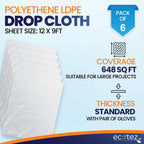 6 Pack 12 x 9 ft Extra Large Plastic Drop Cloth for Painting - Light & Durable Tarp Cover for Furniture - Plastic Clear Tarp Waterproof - Paint Floor Covering - Painters Drop Cloth Sheeting