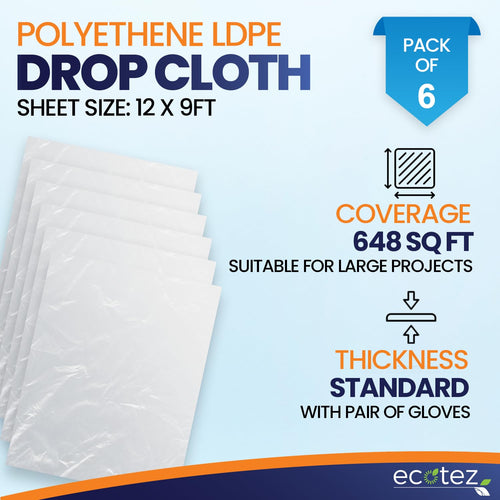 6 Pack 12 x 9 ft Extra Large Plastic Drop Cloth for Painting - Light & Durable Tarp Cover for Furniture - Plastic Clear Tarp Waterproof - Paint Floor Covering - Painters Drop Cloth Sheeting