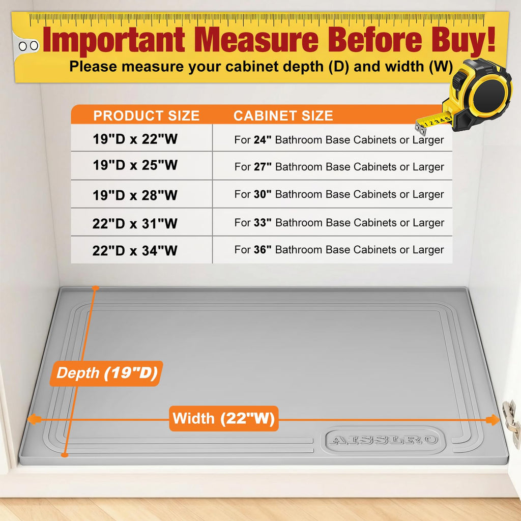 Under Sink Mat 22" X 19", Waterproof Silicone Cabinet Organizer Protector with Raised Edge, Kitchen & Bathroom Leak Tray, Shelf Liner & Pet Feeding Mat for Dog Cat Food Mats, Gray