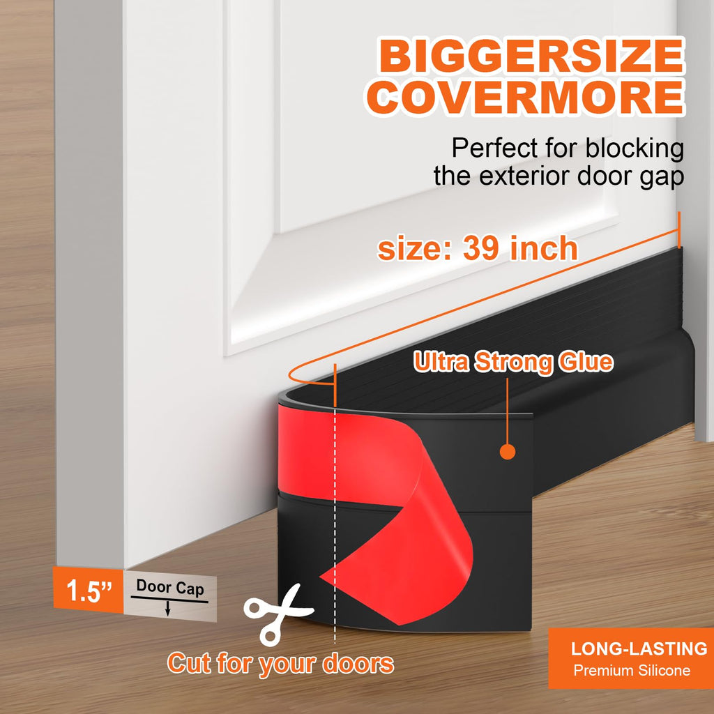 Door Draft Stopper, Door Sweep for Bottom of Door, Weather Stripping Door Seal Gap Filler Bottom Blocker Soundproofing Cold Air Insulation Save Energy Install Quickly Easily (Black, 39‘’)