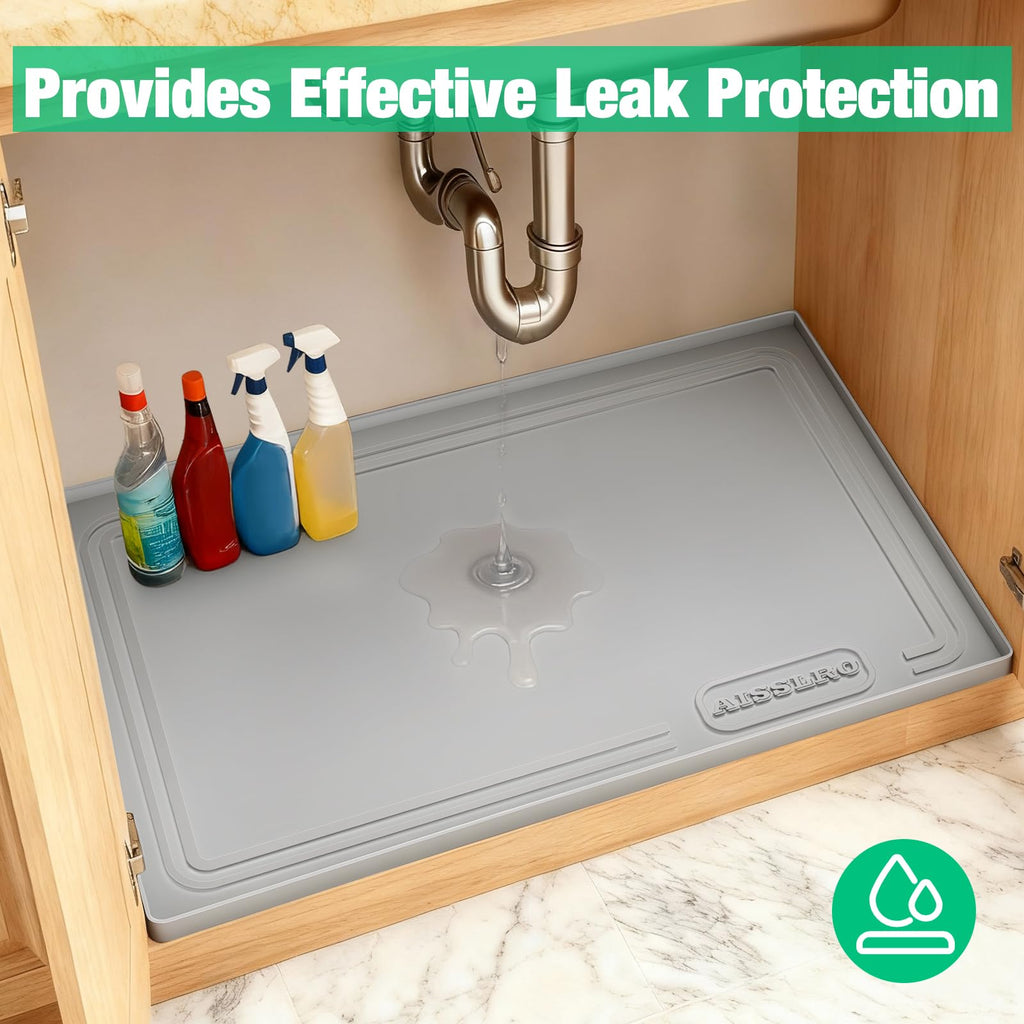 Under Sink Mat 22" X 19", Waterproof Silicone Cabinet Organizer Protector with Raised Edge, Kitchen & Bathroom Leak Tray, Shelf Liner & Pet Feeding Mat for Dog Cat Food Mats, Gray
