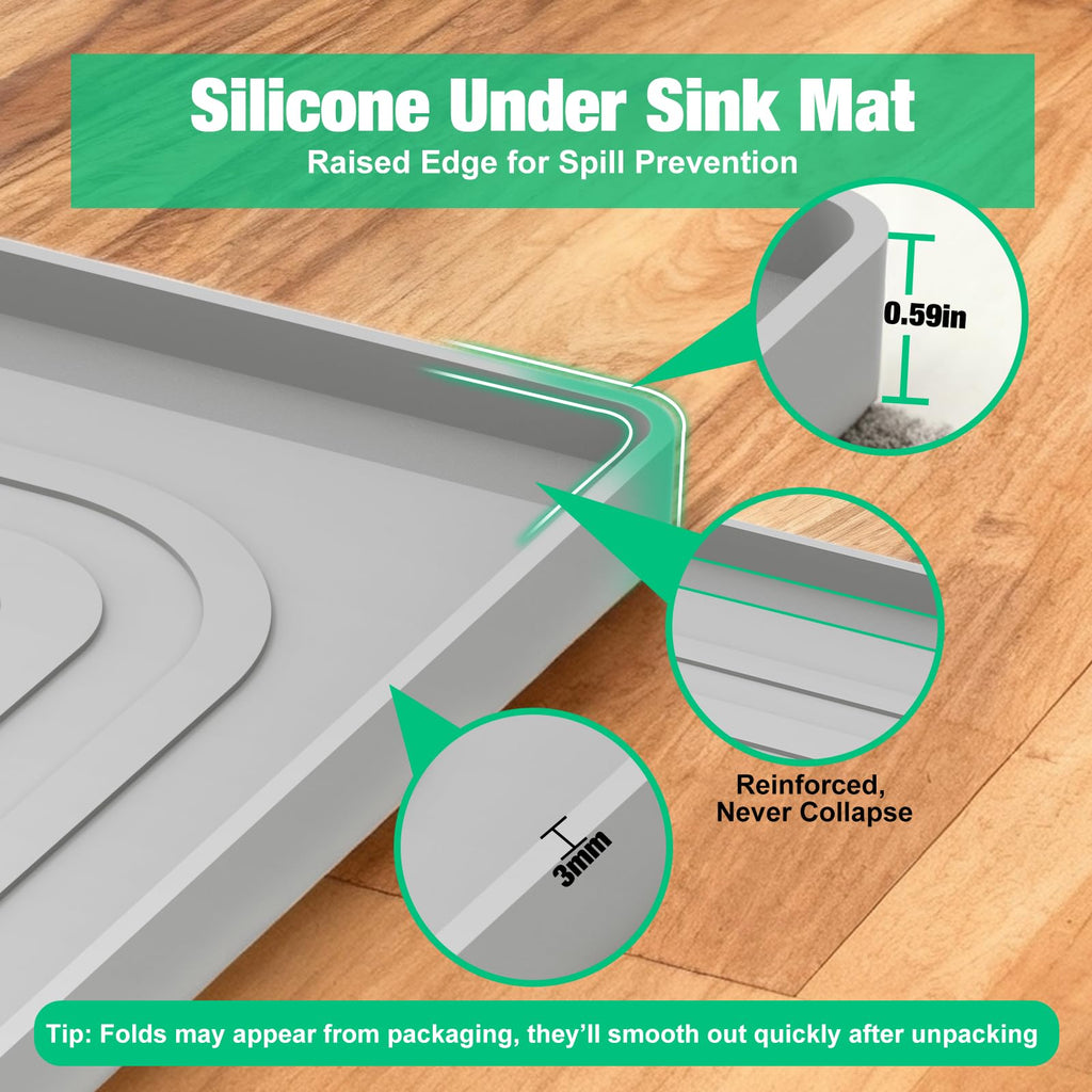 Under Sink Mat 22" X 19", Waterproof Silicone Cabinet Organizer Protector with Raised Edge, Kitchen & Bathroom Leak Tray, Shelf Liner & Pet Feeding Mat for Dog Cat Food Mats, Gray