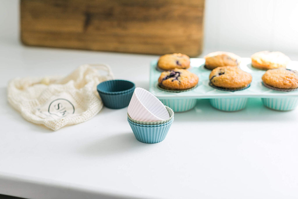 Reusable Silicone Baking Cup Silicone Muffin Liners for Cupcakes, BPA Free, Regular, 12 Pack, White Blue Green