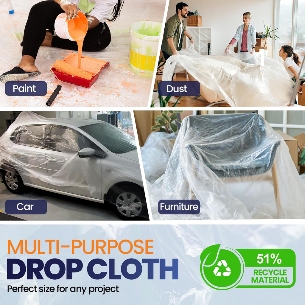 6 Pack 12 x 9 ft Extra Large Plastic Drop Cloth for Painting - Light & Durable Tarp Cover for Furniture - Plastic Clear Tarp Waterproof - Paint Floor Covering - Painters Drop Cloth Sheeting
