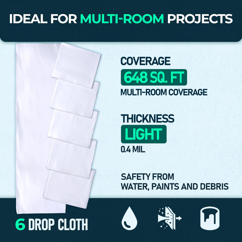 6 Pack 12x9 ft Extra Large Plastic Drop Cloth for Painting, Furniture Covers, Painters Plastic Cover, Clear Paint Tarp, Floor Protector, Disposable Paint Drop Cloth, 55% Recycled