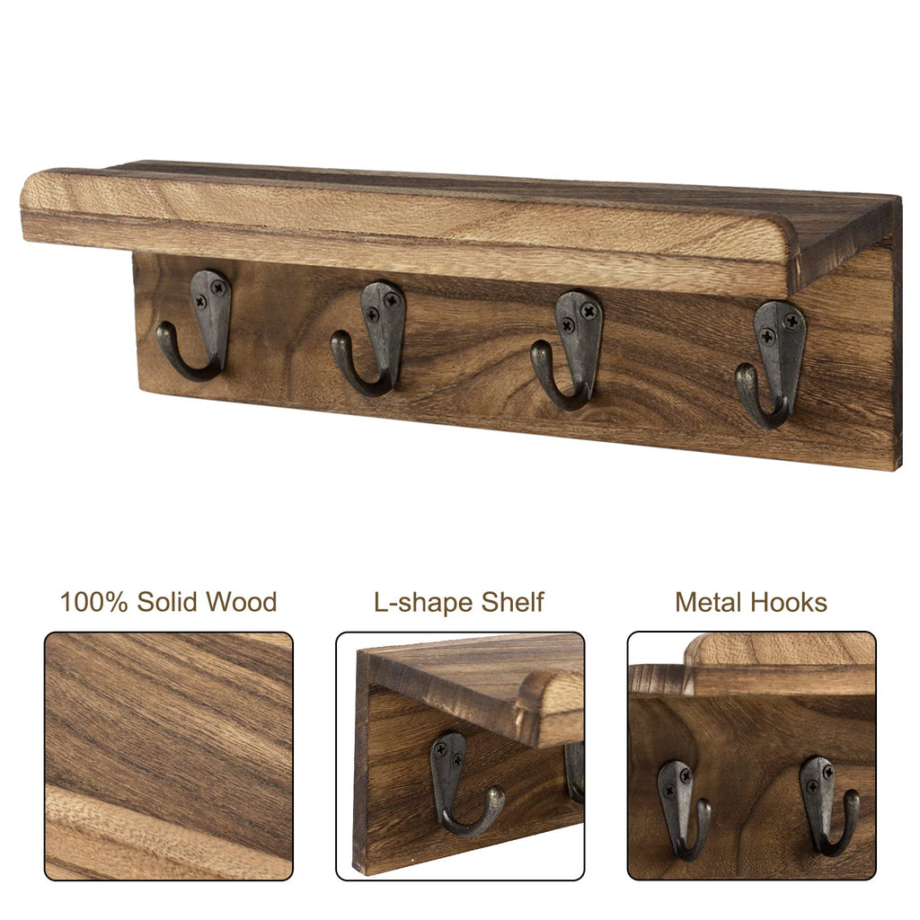 Rustic Key Holder for Wall, Farmhouse Wall Shelf with 4 Hooks, Wall Mounted Key Racks, Wooden Mail Organizer with Hooks for Entryway (Brown)