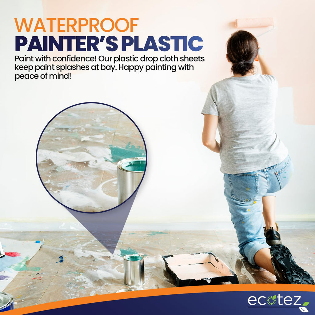 6 Pack 12 x 9 ft Extra Large Plastic Drop Cloth for Painting - Light & Durable Tarp Cover for Furniture - Plastic Clear Tarp Waterproof - Paint Floor Covering - Painters Drop Cloth Sheeting