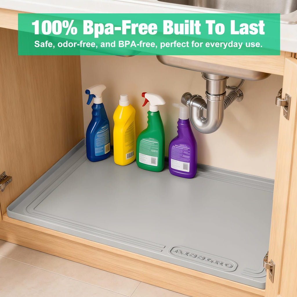 Under Sink Mat 22" X 19", Waterproof Silicone Cabinet Organizer Protector with Raised Edge, Kitchen & Bathroom Leak Tray, Shelf Liner & Pet Feeding Mat for Dog Cat Food Mats, Gray