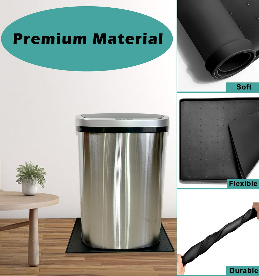 Trash Can Mat, Waterproof Raised Edge Silicone Under Garbage Can Mat, 11.8" X18.9" Non-Slip Trash Can Pad for Kitchen Office Bedroom Reduce Floor Carpet Wall Scratches, Black