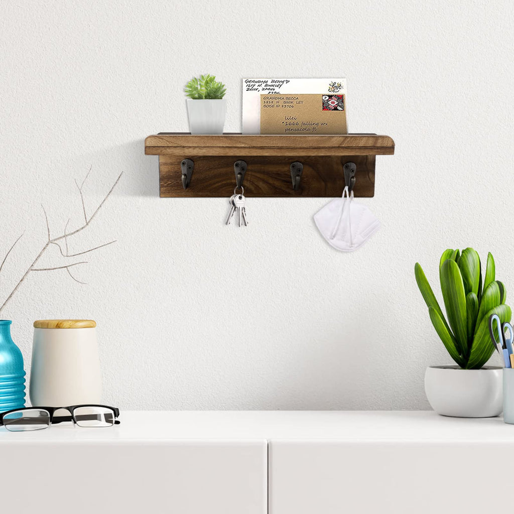 Rustic Key Holder for Wall, Farmhouse Wall Shelf with 4 Hooks, Wall Mounted Key Racks, Wooden Mail Organizer with Hooks for Entryway (Brown)