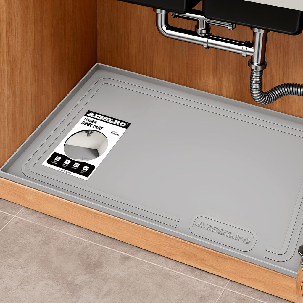Under Sink Mat 22" X 19", Waterproof Silicone Cabinet Organizer Protector with Raised Edge, Kitchen & Bathroom Leak Tray, Shelf Liner & Pet Feeding Mat for Dog Cat Food Mats, Gray