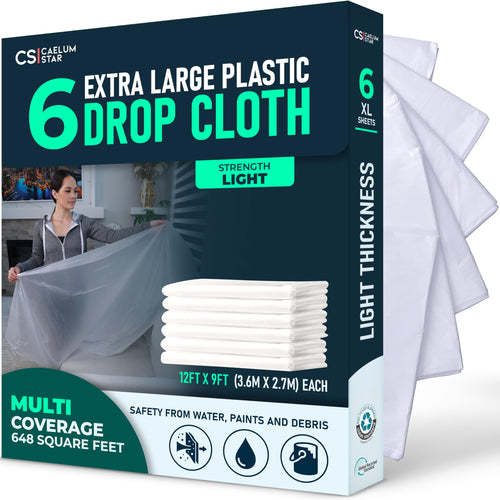 6 Pack 12x9 ft Extra Large Plastic Drop Cloth for Painting, Furniture Covers, Painters Plastic Cover, Clear Paint Tarp, Floor Protector, Disposable Paint Drop Cloth, 55% Recycled